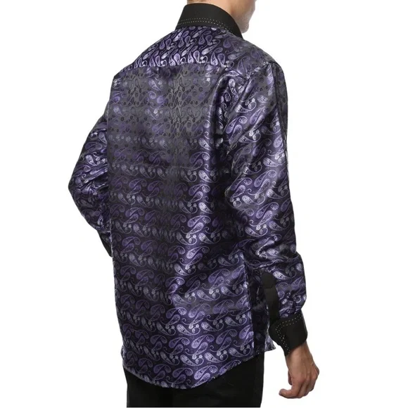 FERRECCI Men’s Satine Hi-1013 Purple & Black Flower Button Down Dress Sh… - Picture 2 of 12